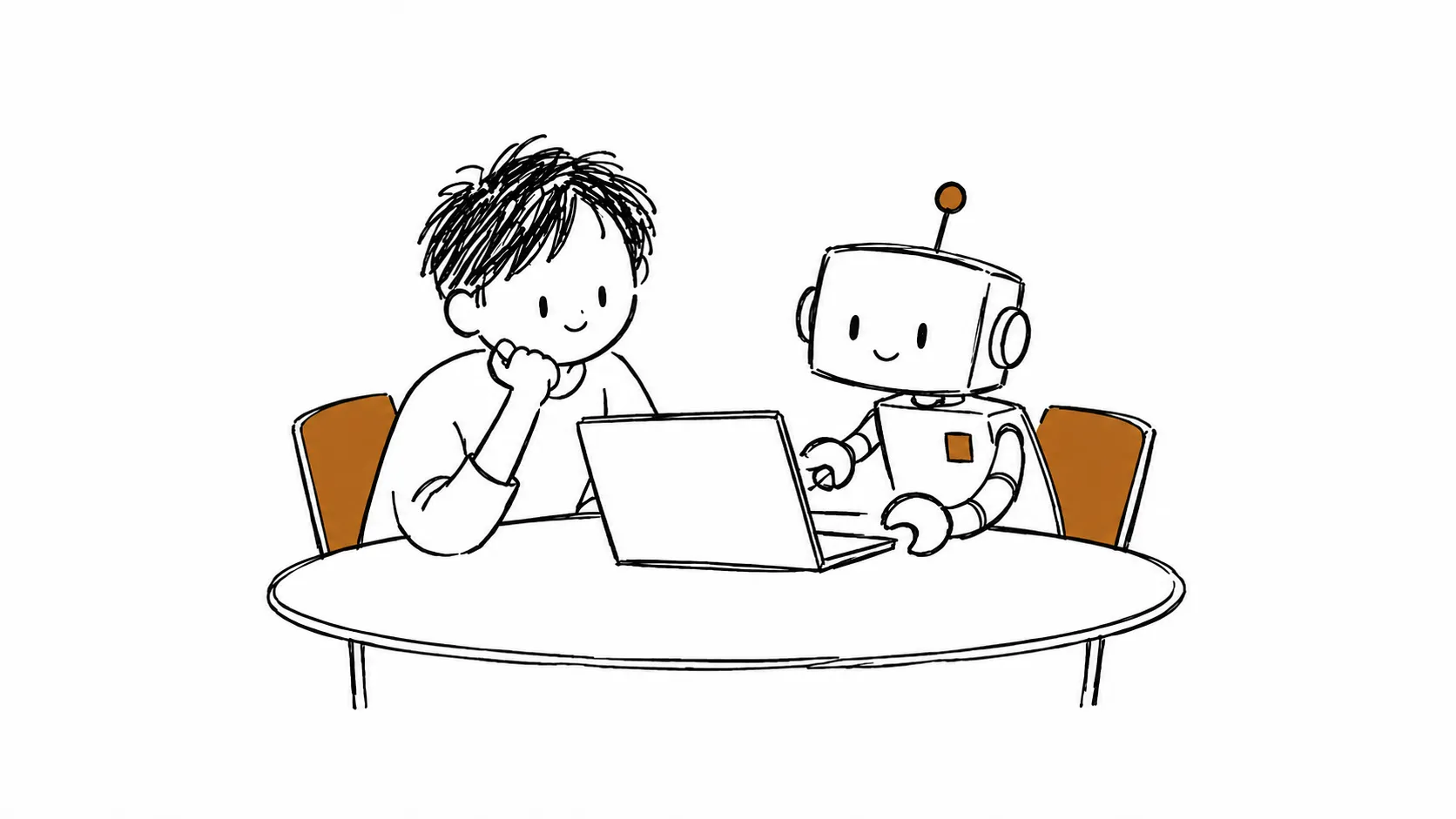 琥珀色の椅子に座り、同じノートパソコンで共同作業する人とロボットの黒ペン風イラスト